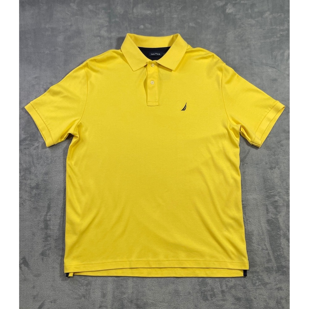 Nautica Mens Yellow‎ Short Sleeve Cotton Pique Polo Shirt Logo Large L